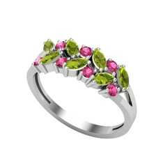 Peridot ve rodolit garnet 14 ayar beyaz altın yüzük