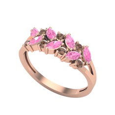 Pembe kuvars ve dumanlı kuvars 925 ayar rose altın kaplama gümüş yüzük