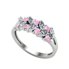 Swarovski ve pembe kuvars 18 ayar beyaz altın yüzük