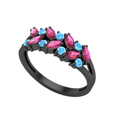 Alida Yüzük - Rodolit garnet ve akuamarin 925 ayar siyah rodyum kaplama gümüş yüzük #d643ja