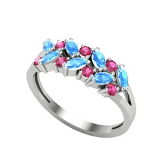 Akuamarin ve rodolit garnet 18 ayar beyaz altın yüzük