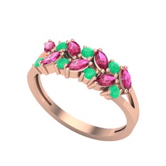 Rodolit garnet ve kök zümrüt 14 ayar rose altın yüzük
