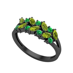 Peridot ve yeşil kuvars 925 ayar siyah rodyum kaplama gümüş yüzük