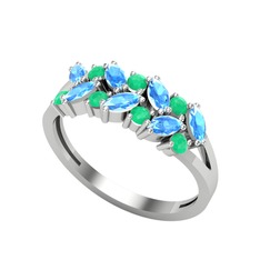 Akuamarin ve kök zümrüt 8 ayar beyaz altın yüzük