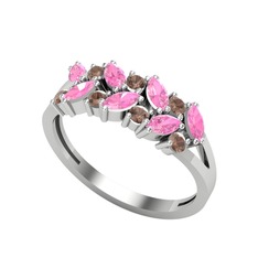 Pembe kuvars ve dumanlı kuvars 14 ayar beyaz altın yüzük