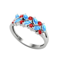 Akuamarin ve garnet 14 ayar beyaz altın yüzük