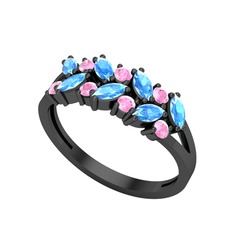 Alida Yüzük - Akuamarin ve pembe kuvars 925 ayar siyah rodyum kaplama gümüş yüzük #j9j2jc