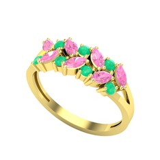 Pembe kuvars ve kök zümrüt 8 ayar altın yüzük