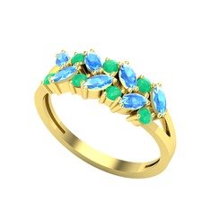 Akuamarin ve kök zümrüt 8 ayar altın yüzük