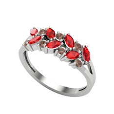 Garnet ve dumanlı kuvars 8 ayar beyaz altın yüzük