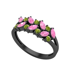 Alida Yüzük - Pembe kuvars ve peridot 925 ayar siyah rodyum kaplama gümüş yüzük #r64u3f