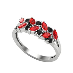 Garnet ve siyah zirkon 14 ayar beyaz altın yüzük