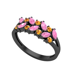 Alida Yüzük - Pembe kuvars ve sitrin 925 ayar siyah rodyum kaplama gümüş yüzük #uf0c8x
