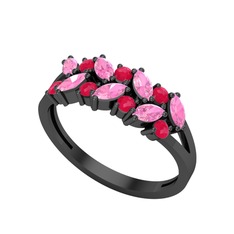 Alida Yüzük - Pembe kuvars ve kök yakut 925 ayar siyah rodyum kaplama gümüş yüzük #ukqhn5