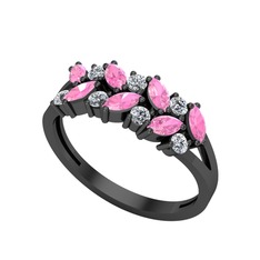 Pembe kuvars ve beyaz zirkon 925 ayar siyah rodyum kaplama gümüş yüzük