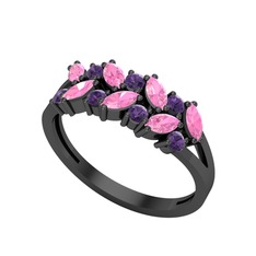 Pembe kuvars ve ametist 925 ayar siyah rodyum kaplama gümüş yüzük