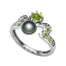 Ner İnci Yüzük - Siyah inci ve peridot 18 ayar beyaz altın yüzük #101p8md