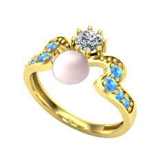 Ner İnci Yüzük - Pembe inci, swarovski ve akuamarin 18 ayar altın yüzük #101qvsd