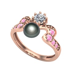 Ner İnci Yüzük - Siyah inci, swarovski ve pembe kuvars 14 ayar rose altın yüzük #1023vvr