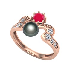 Ner İnci Yüzük - Siyah inci, kök yakut ve swarovski 14 ayar rose altın yüzük #10931i0