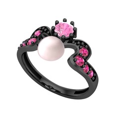 Ner İnci Yüzük - Pembe inci, pembe kuvars ve rodolit garnet 925 ayar siyah rodyum kaplama gümüş yüzük #10csd5