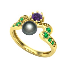 Ner İnci Yüzük - Siyah inci, ametist ve yeşil kuvars 14 ayar altın yüzük #10n7f80