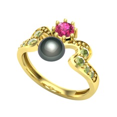 Ner İnci Yüzük - Siyah inci, rodolit garnet ve peridot 18 ayar altın yüzük #10pxqp2