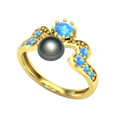 Ner İnci Yüzük - Siyah inci ve akuamarin 18 ayar altın yüzük #10v90u1