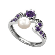 Inci ve ametist 8 ayar beyaz altın yüzük