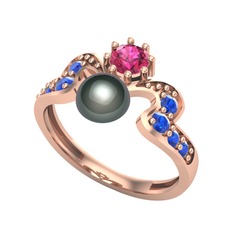 Ner İnci Yüzük - Siyah inci, rodolit garnet ve lab safir 925 ayar rose altın kaplama gümüş yüzük #112dl88