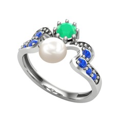 Ner İnci Yüzük - Inci, kök zümrüt ve lab safir 14 ayar beyaz altın yüzük #115takw