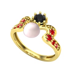 Ner İnci Yüzük - Pembe inci, siyah zirkon ve garnet 14 ayar altın yüzük #118i2ji
