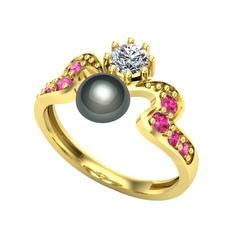 Siyah inci, swarovski ve rodolit garnet 18 ayar altın yüzük