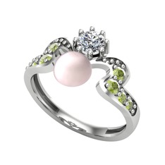 Ner İnci Yüzük - Pembe inci, swarovski ve peridot 14 ayar beyaz altın yüzük #11q1ms8