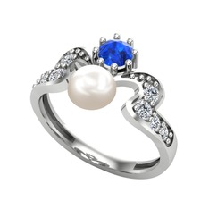 Ner İnci Yüzük - Inci, lab safir ve swarovski 18 ayar beyaz altın yüzük #11q7elu