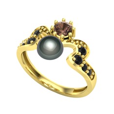 Ner İnci Yüzük - Siyah inci, dumanlı kuvars ve siyah zirkon 925 ayar altın kaplama gümüş yüzük #11uqk76