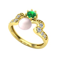 Pembe inci, yeşil kuvars ve swarovski 18 ayar altın yüzük