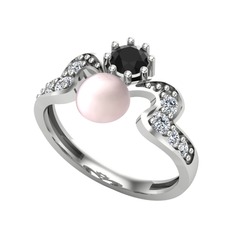 Ner İnci Yüzük - Pembe inci, siyah zirkon ve swarovski 18 ayar beyaz altın yüzük #124o0ol