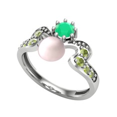 Ner İnci Yüzük - Pembe inci, kök zümrüt ve peridot 14 ayar beyaz altın yüzük #126hhk5