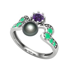 Siyah inci, ametist ve kök zümrüt 8 ayar beyaz altın yüzük