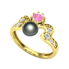 Ner İnci Yüzük - Siyah inci, pembe kuvars ve pırlanta 8 ayar altın yüzük (0.48 karat) #130rfh8