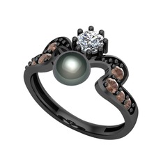 Ner İnci Yüzük - Siyah inci, beyaz zirkon ve dumanlı kuvars 925 ayar siyah rodyum kaplama gümüş yüzük #131s0f6