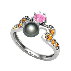 Ner İnci Yüzük - Siyah inci, pembe kuvars ve sitrin 14 ayar beyaz altın yüzük #135po1x