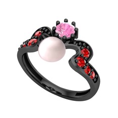 Ner İnci Yüzük - Pembe inci, pembe kuvars ve garnet 925 ayar siyah rodyum kaplama gümüş yüzük #13qc5bu