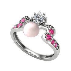 Ner İnci Yüzük - Pembe inci, beyaz zirkon ve rodolit garnet 14 ayar beyaz altın yüzük #13vww0m