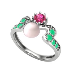Pembe inci, rodolit garnet ve kök zümrüt 8 ayar beyaz altın yüzük