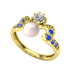 Ner İnci Yüzük - Pembe inci, swarovski ve lab safir 14 ayar altın yüzük #1494b2w