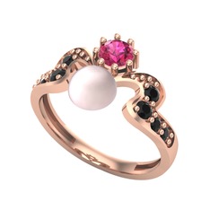 Ner İnci Yüzük - Pembe inci, rodolit garnet ve siyah zirkon 14 ayar rose altın yüzük #14ao27m