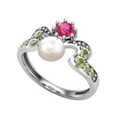 Inci, rodolit garnet ve peridot 18 ayar beyaz altın yüzük