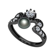 Ner İnci Yüzük - Siyah inci ve swarovski 925 ayar siyah rodyum kaplama gümüş yüzük #14mzpcu